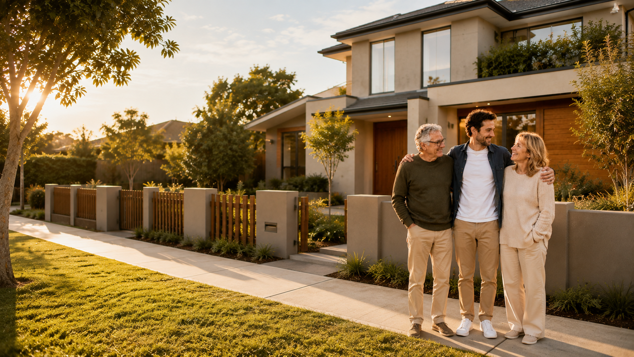 Parents standing with their adult son outside a home at sunset